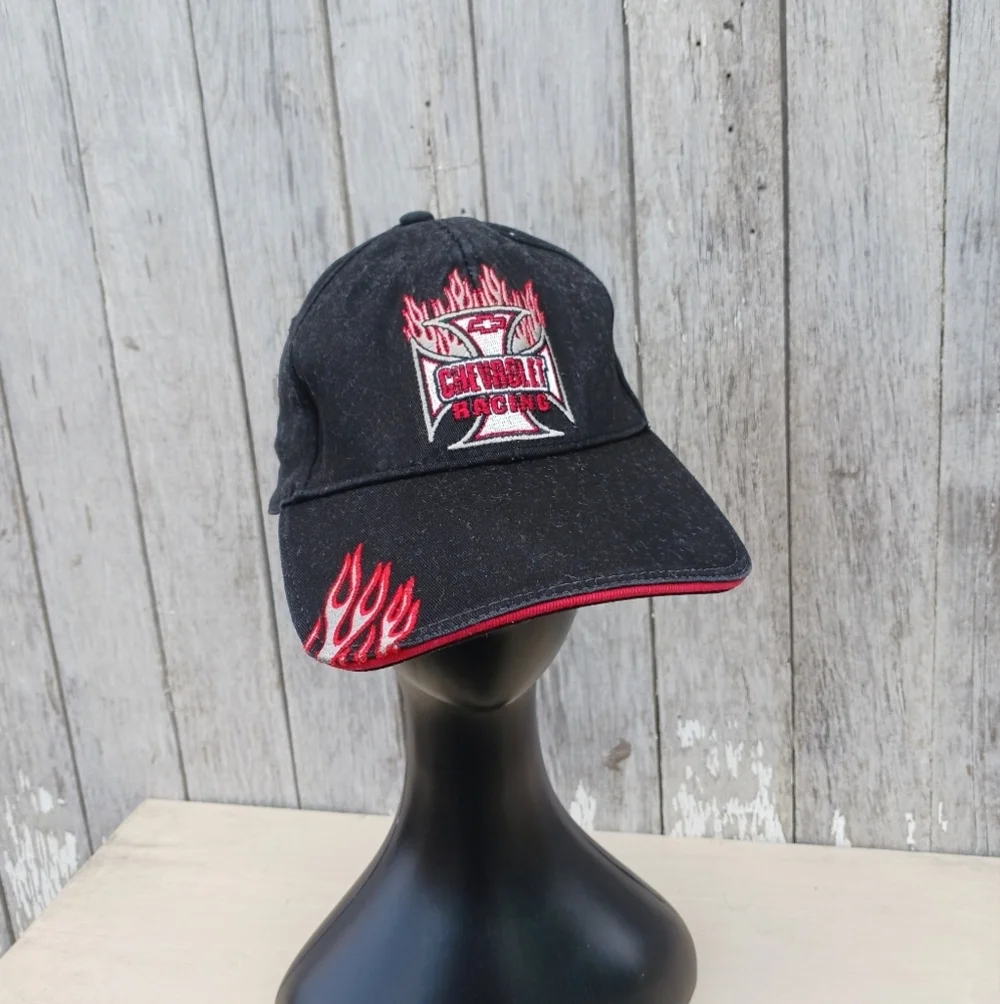 Chevy Chevrolet Racing Black Flame Fitted Hat Baseball Cruisin Sport Mens Sz M/L